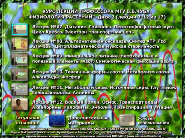 Курс видеолекций "Физиология растений" профессора В.В.Чуба. Меню видеолекций второго диска медиакомплекта Курс видеолекций "Физиология растений" профессора В.В.Чуба. Меню видеолекций второго диска медиакомплекта